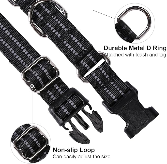 Martingale Dog Collar, Adjustable Nylon Reflective Collar with Quick Release Buckle (Black, Extra Large)