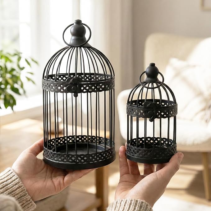 VELA LANTERNS Bird Cage Decor Candle Holder Lantern Decorative Table Centerpiece Halloween Decorations, 10" and 6" Tall, Black, Set of 2
