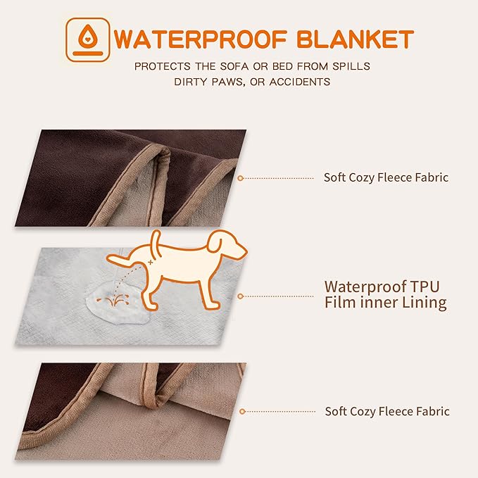 Waterproof Dog Blankets Brown, 30"x40" Cat Blanket for Indoor Cats, Soft Fluffy Sofa Car Bed Protector, Reversible Leakproof Flannel Puppy Blanket for Small Medium Dogs
