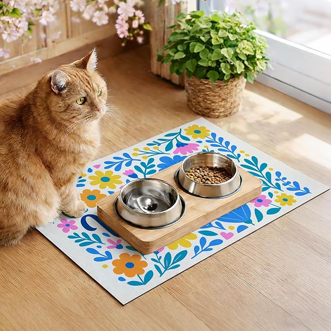 Spring Pet Feeding Mat 24" x 16" Colorful Welcome Floral Design Non Slip Dog and Cat Bowl Mat Easy Clean Pet Food Mats Fast Dry Cat Feeding Mats for Indoor Cats Absorbable Pet Food Pad