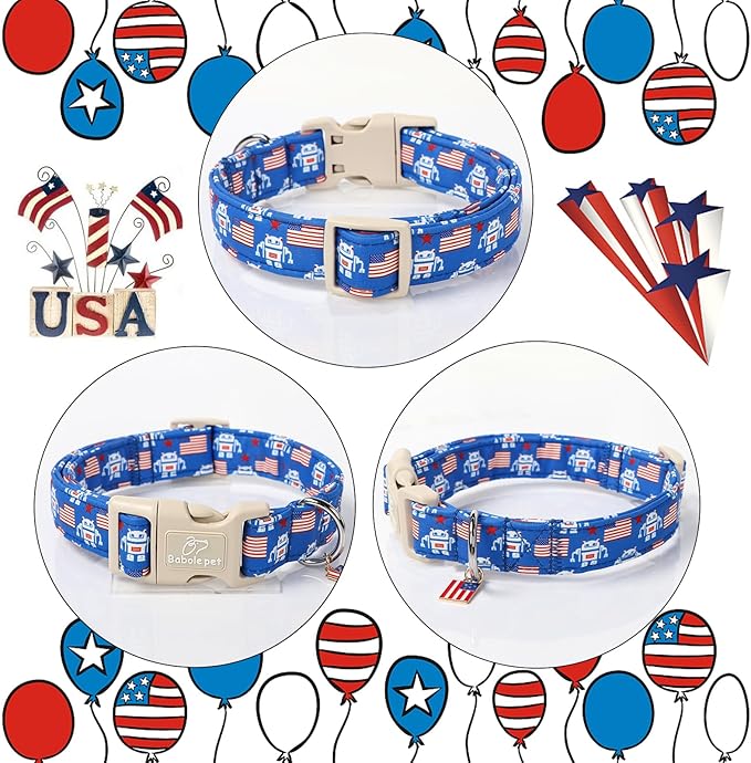4th of July Dog Collar, Robot Star-Spangled Patriotic Dog Collars for Large Dogs, Adjustable Lightweight Quick-Release Buckle Collar for Boy&Girl Dogs L