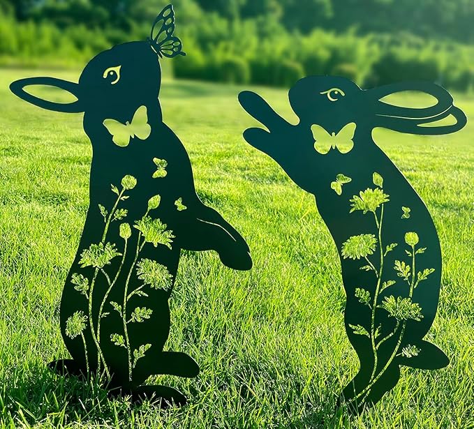 Metal Bunny Garden Decor, 17" Rabbit Yard Decor, Metal Yard Art Animals Garden Stakes Rabbit Silhouette, Rabbits Yard Decorations Outdoor, Bunny Garden Art for Flowerbeds Planters Patios Lawn