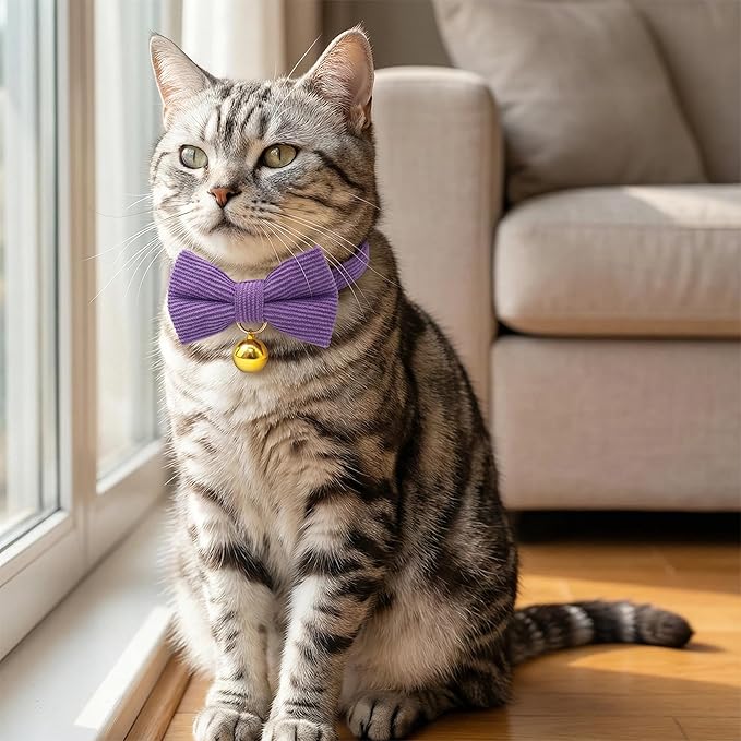 THAIN Cat Collar with Bow Tie and Bell, Breakaway Adjustable Cute Soft Corduroy Kitten Collars Safety Buckle for Girl Cats (Solid Purple)
