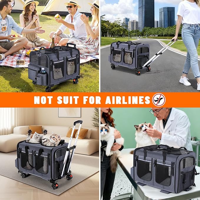 Cat Carrier for 2 Cats,Cat Carrier with Wheels for Cats and Dogs, Foldable Double Pet Carrier, Rolling Dog Carrier with Detachable Wheels and Telescopic Handle,2 Front Zippered Compartments Gray