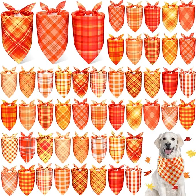 Abbylike 50 Pcs Orange Plaid Dog Bandanas Bulk Check Pattern Bandanas for Dogs Triangle Kerchief Bib Scarf Set for Pet Party Costume Photo Props Accessories Pet Shops, 25 Styles (25.6 x 17.7 x 17.7)