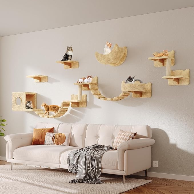 13-in-1 Cat Wall Shelves, Wall Mounted Cats Furniture Set with Plush Fabric, Cat Climbing Wall Systems, Cats Shelf with Moon Hammock, Condo, House, Step, Bridge Ladder, Scratching Post, Beige