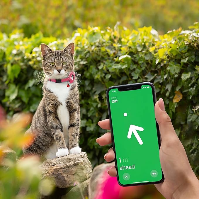 Breakaway Airtag Cat Collar with Removable Bell - Leather Pet Collar with Apple Air Tag Holder - Adjustable GPS Collars for Girl Boy Cats Kitten Puppy - Lightweight, Cute and Comfortable (Pink)