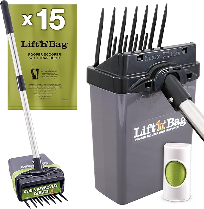 Neater Pet Brands Lift N’ Bag 2.0 Dog Pooper Scooper with Bag Attachment & 22" Pole for Small to Large Dogs, New & Improved Design, 15 Refill Bags, Heavy Duty Dog Poop Scooper for Yard, One-Hand Use