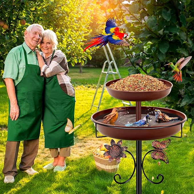 Daoeny Bird Bath for Outside, 42In Vintage Freestanding Birdbaths for Outdoors, Double Metal Bird Bath Feeder Bowls for Garden Patio Yard Lawn Decor, Upgraded 5-Pronged Base (Brown)