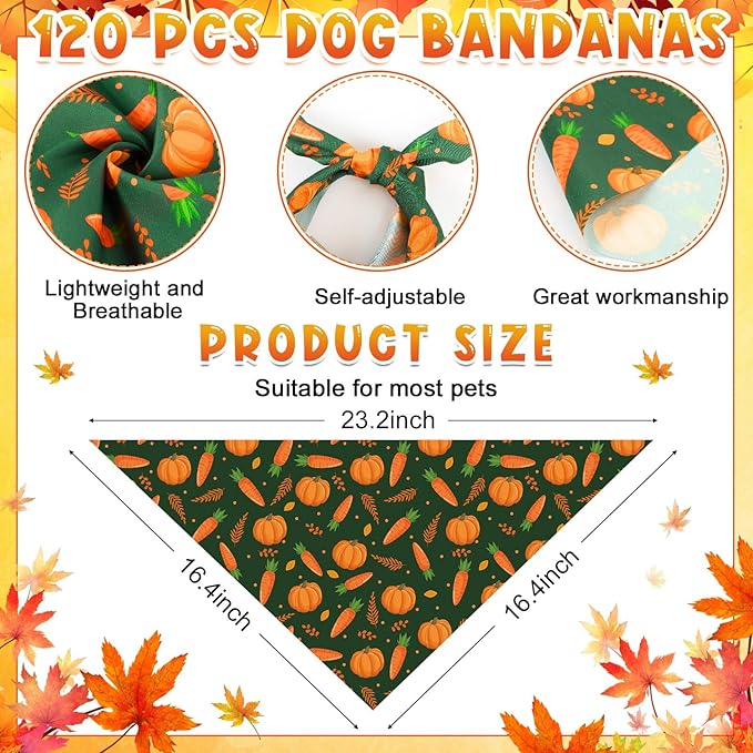 Sanwuta 120 Pcs Thanksgiving Fall Bandanas for Dogs Bulk Pumpkin Maple Leaf Triangle Dog Bandana Autumn Washable Pet Scarves Adjustable Bibs for Small and Medium Pets, 30 Styles
