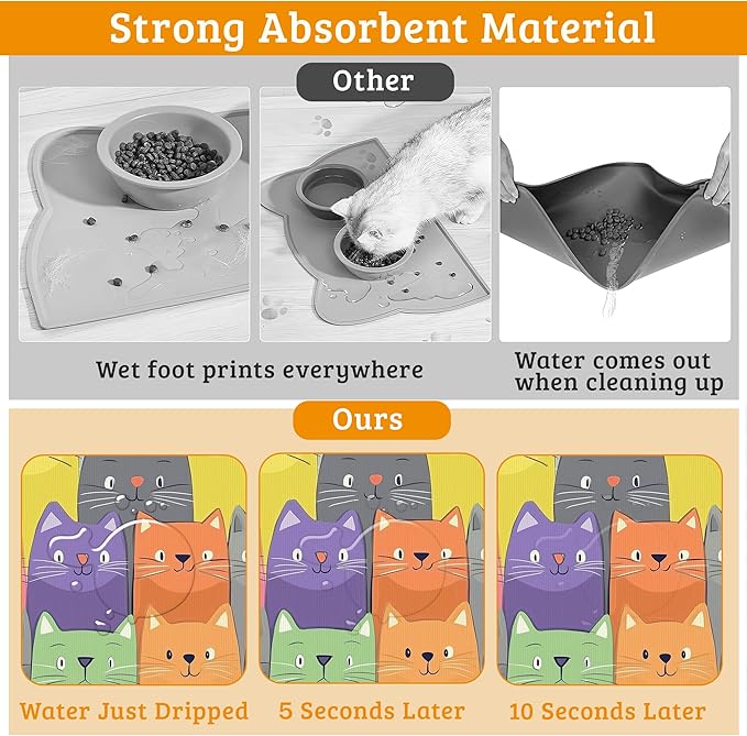 Cute Colorful Cats Dog Food Mat, Absorbent Pet Feeding Mat for Food and Water Bowl,Quick Dry Dog Placemat Non Slip Rubber Backing Waterproof Pet Supplies 12" x 20"