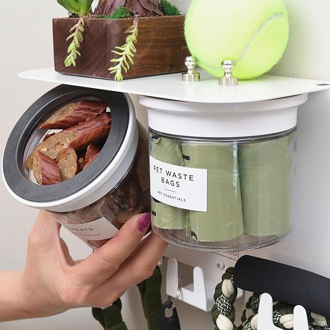 Dog Treat Holder For Wall Storage For Pets, Premium Pet Wall Organizer, Includes Two 16oz Airtight Dog Treat Jars, 3 Sets of Triple Hooks, Sturdy Shelf in Designer White