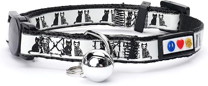 Pawtitas Glow in The Dark Cat Collar with Breakaway Safety Buckle & Bell Adjustable Kitten Collar, Black