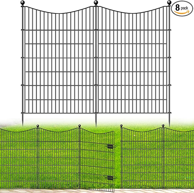 8 Panels Decorative Garden Fence with Gate, 48 in(H) X 21 ft(L) No Dig Dog Fence Animal Barrier Outdoor for Yard, Rustproof Metal Garden Edging and Borders, Temporary Fencing Stakes
