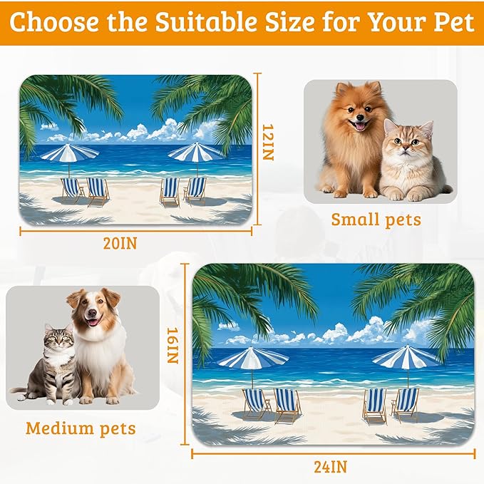 Pet Feeding Mat,Sea Beach Absorbent Dog Cat Food Mat Palm Tree Dog Mat with Rubber Backing,Non-Slip Water Bowl Placemat,Pet Supplies 16" x 24"