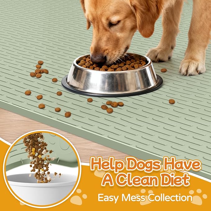 Lanstics Dog Food Mat, 40" x 28" Large Silicone Mat Dog Feeding Mat with Raised Edge Non-Slip Pet Feeding Mat for Food and Water Bowl, Easy to Clean, Floor Protection (Green)