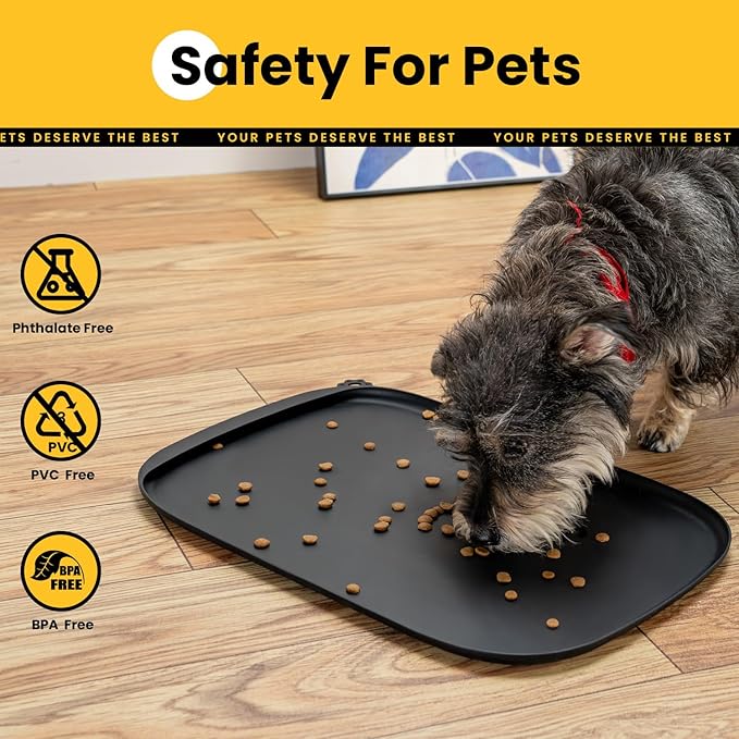 Silicone Dog Food Mat with Side Pocket & Hook Hole, Soft Raised Edges, Easy Clean Waterproof Non-Slip Pet Feeding Mat for Cats and Dogs Water Bowl, Pets Accessories(24"x16",Black)