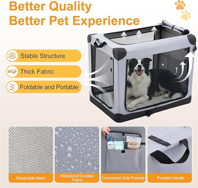 Dog Travel Crate 36 Inch, Portable Soft-Sided Travel Carriers for Dogs and Cats, Foldable Pet Kennel with 3-Doors Mesh Windows Indoor & Outdoor, Grey