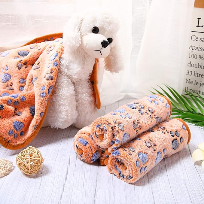 Tatuo 4 Pcs Dog Blanket for Pet Cat Blankets Indoor Puppy Teething Stuff Toys Paw Print Fleece Soft Blanket Sleep Mat for Guinea Pig Cage(Coffee,Small(24 x 16 Inch))
