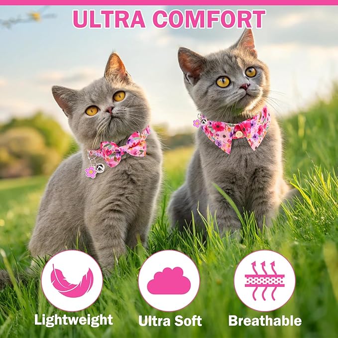 Cat Collar Breakaway with Bells, Pink Cat Bowtie Collar for Girl Cats, Small Cat Collar with Bow for Spring Summer, 2 Pack Soft Cute Floral Kitten Collar with Removable Shirt Collar 8-12Inch
