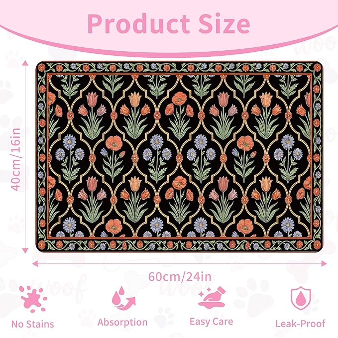 Pet Feeding Mat 24 x 16 Inch, Black Floral Pet Placemat Absorbent Quick-Dry for Food and Water, Waterproof Non Slip Rubber Bowl Pad Mat for Floors