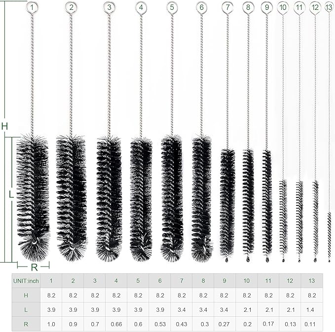 CiaraQ Bottle Cleaning Brushes, 8 Inch Nylon Tube Brush Set, Cleaner for Narrow Neck Bottles Cups with Hook, Set of 13pcs