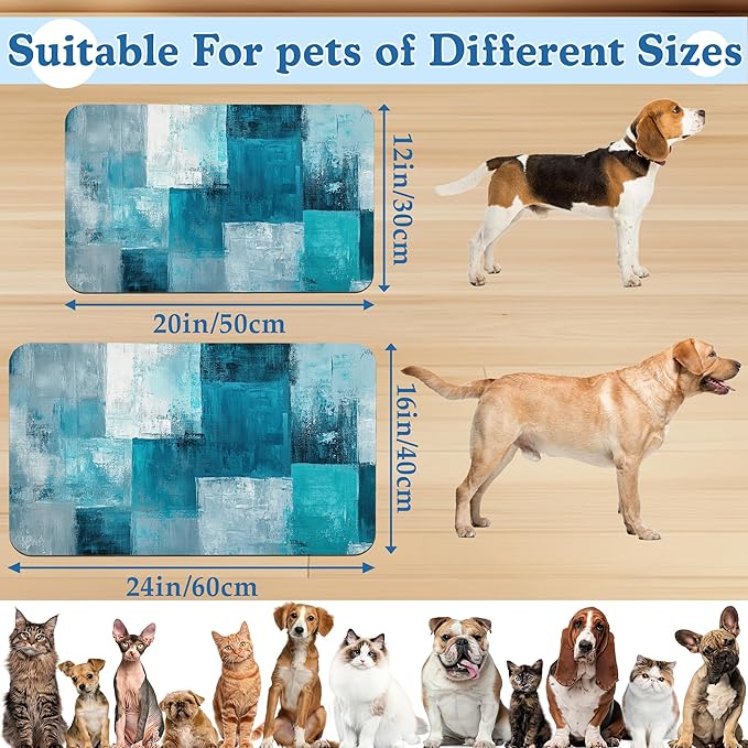 Blue Teal Dog Cat Food Mat–Christmas Stocking Absorbent Waterproof Placemat for Food and Water Bowls, Non Slip Rubber Backing, Feeding Mat for Clean Floors 12"x20"