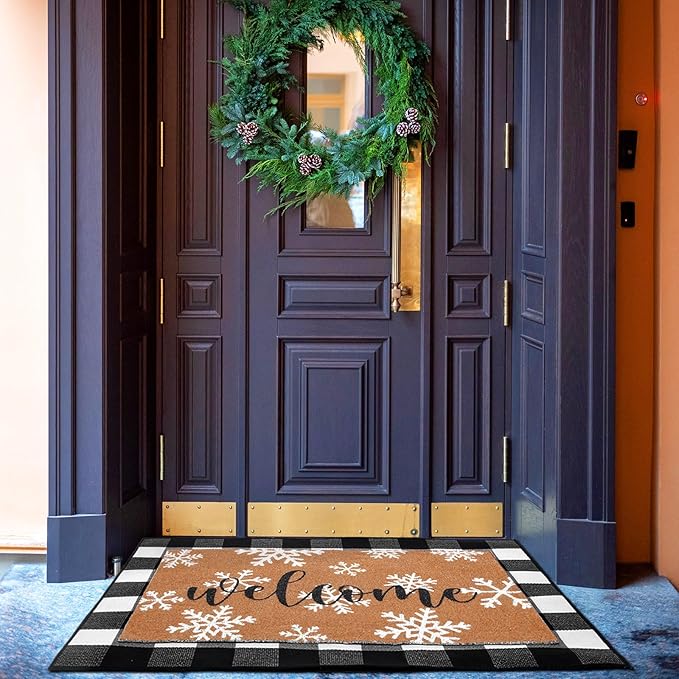Tinideya 2 Pcs Winter Door Mat Outdoor Snowflake Welcome Mats for Front Door Non Slip Winter Coir Doormat Layering Black White Check Rug for Outside Front Porch Entryway Decor