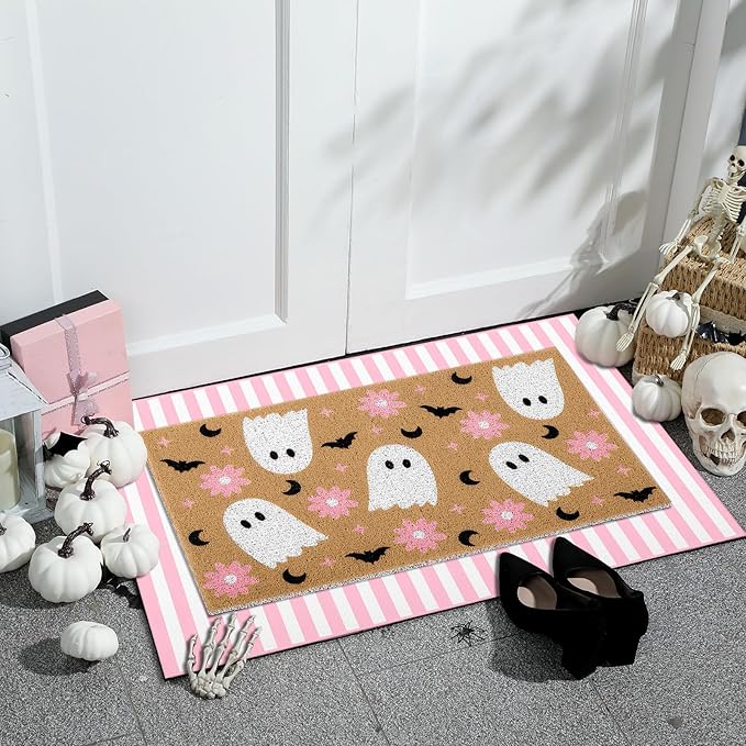 Tinideya 2 Pcs Door Mat Welcome Non Slip Coir Mats Floor Layering Doormats Seasonal for Front Porch Entryway Decor(Flower Ghost)