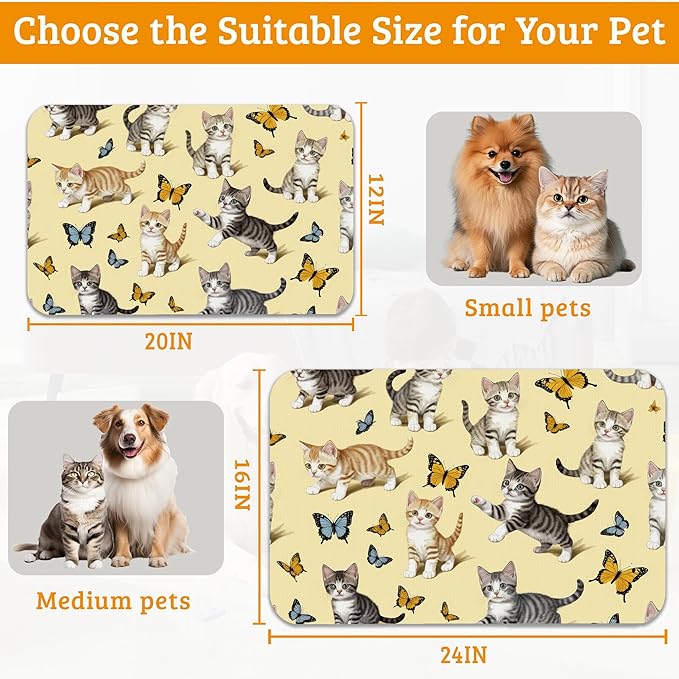Dog Bowl Mat,Cute Cats Pet Feeding Mat for Floors Waterproof,Butterfly Absorbent Dogs Placemat for Food and Water Quick Dry Pet Cat Feeding Mats with Non Slip Bottom 12" x 20"