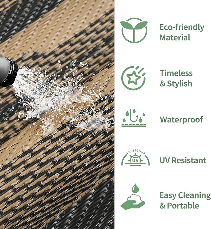 GENIMO Outdoor Rug for Patio Clearance, 6'x9' Waterproof Camping Mat, Reversible Plastic Straw Rugs for RV, Camper, Balcony, Backyard, Picnic, Deck (Black Brown)