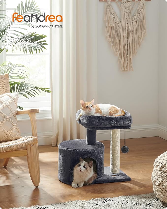 Feandrea Cat Tree, Small Cat Tower with Sisal Scratching Post, Plush Condo with Padded Perch, for Small Spaces, Kittens, Smoky Gray UPCT50G