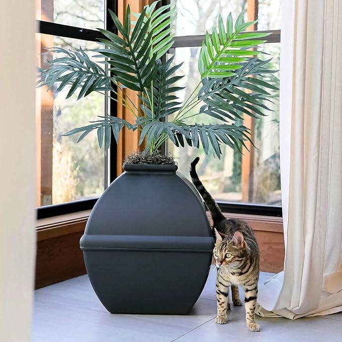 Good Pet Stuff Hidden Litter Box Planter, Decorative Cat Litter Enclosure with Carbon Filter, Artificial Plant, Easy Clean, Indoor Design, Courtyard Square Style, Essentials Kit, Black Suede
