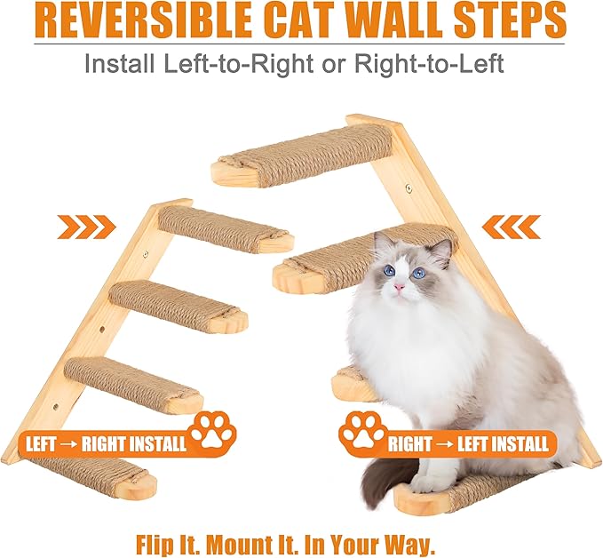 Cat Climbing Stair Shelf, Wall Mounted Ladder 2PCS 4 Steps Reversible Left & Right Direction, for Cats up to 15 Pounds, Cat Stairway with Jute Scratching Ladder Shelves for Kitten Perch Sleeping