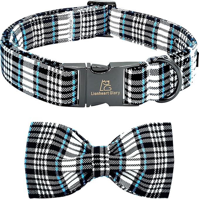 Lionheart glory Dog Bow Collar Blue and Black Plaid Dog Collar for Medium Dogs,Boy Dog Collars with Bowtie Spring Summer Collars Soft Adjustable Pet Collar Bows