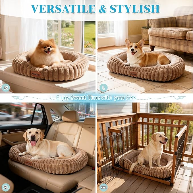 Cute Dog Bed for Medium Size Dog, Calming Medium Dog Cat Bed with Anti-Slip Bottom, Washable Soft Faux Fur Pet Bed, Rectangle Puppy Bed with Handle for Indoor Pets, 30" x 24" x 5", Brown