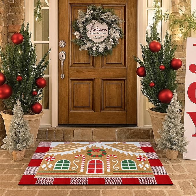 Tinideya 2 Pcs Door Mat Welcome Non Slip Coir Mats Floor Layering Doormats Seasonal for Front Porch Entryway Decor(Gingerbread House)