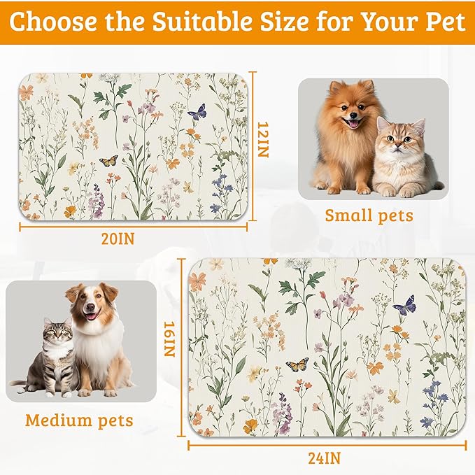 Wildflowers Butterfly Dog Cat Food Mat,Plants Absorbent Waterproof Placemat for Food and Water Non Slip Rubber Backing Durable Feeding Pad for Clean Floors 16" x 24"