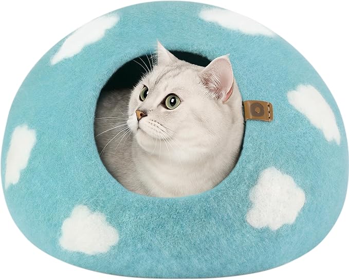 MEOWFIA Cat Cave – Premium Felt Cat Bed for Indoor Cats, Handmade Merino Wool (Cloud Nap Blue, Large)