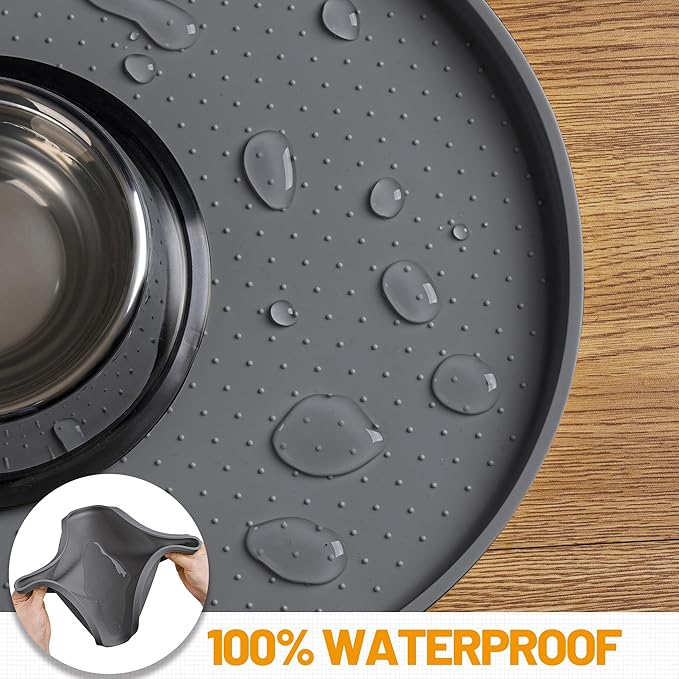 Hubulk 100% Waterproof Silicone Pet Feeding Mat with Raised Edge for Food and Water, Dog Bowl Mats, Cat Bowls Placemat with High Lip Protects Floor for Cats and Dogs (Gray, 19" L x 12" W)
