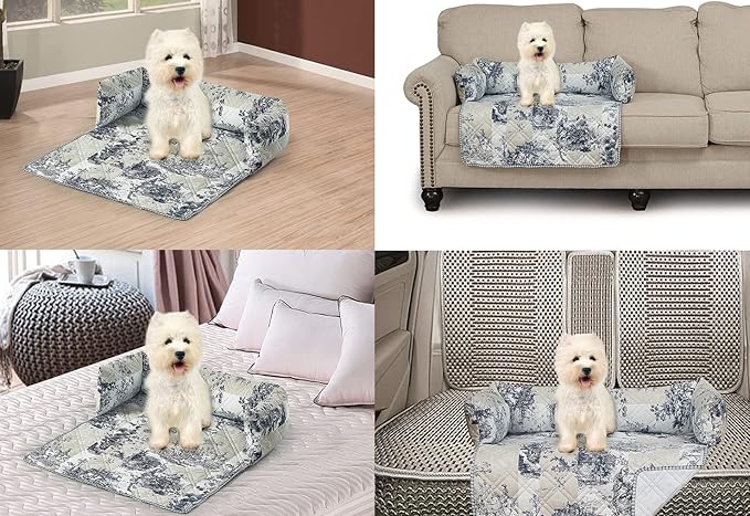 Brilliant Sunshine Quilted Calming Dog Bed Mat, Removable Washable Cover, Cushion Protector and Couch Covers for Dogs, Pets, Cats, Medium, Blue Beige Toile