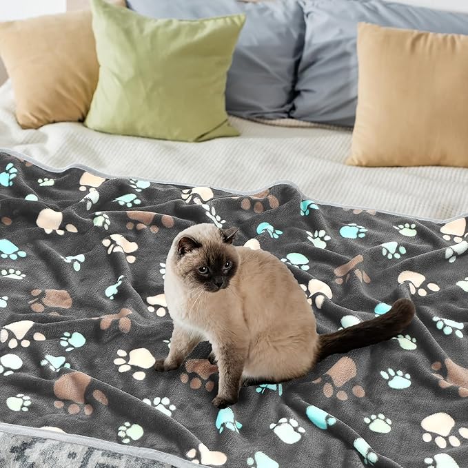Tegeme 12 Pcs Pet Blankets Soft Fluffy Fleece Dog Cat Warm Paw Print Pattern Blankets Flannel Throw for Pets Dog Puppy Cat(41 x 30 Inch,Gray)