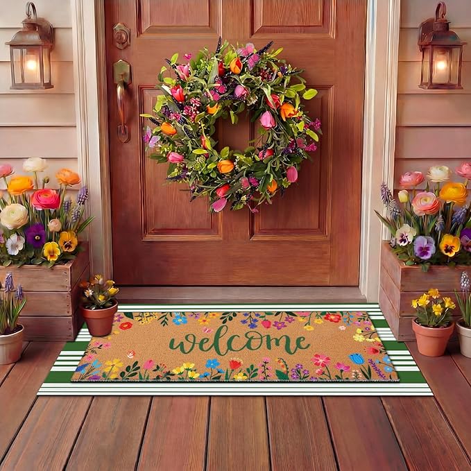 Tinideya 2 Pcs Door Mat Welcome Non Slip Coir Mats Floor Layering Doormats Seasonal for Front Porch Entryway Decor(16.14 x 47.24 Inches,Spring Flowers,Green Brown)