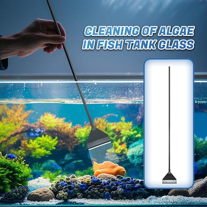 CXY Aquarium Algae Scraper for Glass, 21.5" Fish Tank Cleaner with 10 Stainless Steel Blades - Long Handle Scraper Tool, Essential Fish Tank Accessories & Cleaning Kit