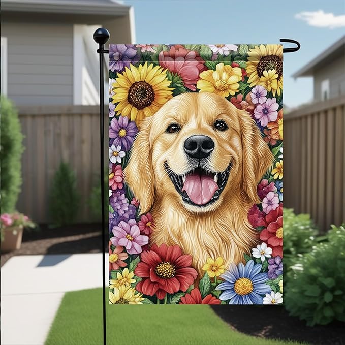 Golden Retriever Garden Flag 12x18 Inch Dog with Colorful Flowers Outdoor Banner Cute Pet Yard Decor Spring Summer Double Sided Welcome Flag for Lawn House Decoration Dog Lovers Gift
