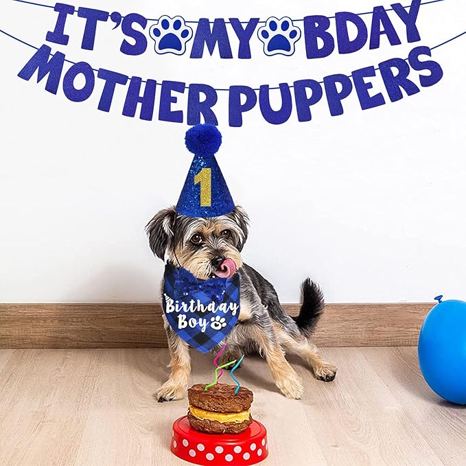Dog Birthday Party Supplies, Multi Sizes Dog Birthday Hat with Numbers Bandana Bow Tie It’s My Bday Mother Puppers Sign Banner for Small Dogs Pets (Small, Blue)