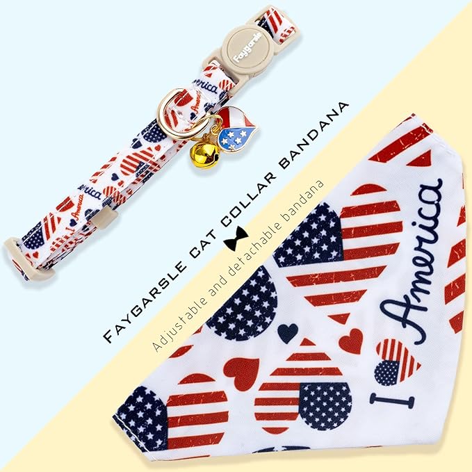 Faygarsle 2 Pack Patriotic Pet Collar Set with Bandana and Bow Tie, American Flag Pattern, White and Navy