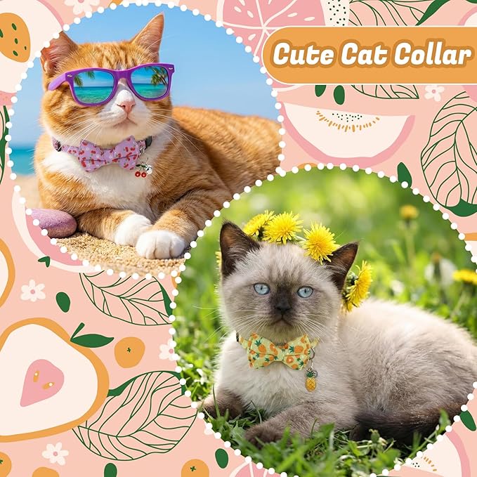 6 Pack Breakaway Cat Collars with Bow Tie and Bells Fruit Pendants Adjustable Safety Kitten Collar Fruit Cat Collar with Bell Ideal for Girl Boy Cats