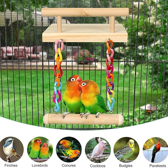 Natural Wood Bird Perch Platform with Colorful Chain Swing Toy, Parrot Hanging Stand Perch for Cockatiels Parakeets Lovebirds Budgies Conures, Cage Accessories Chewing Grinding Exercise Play Gym.