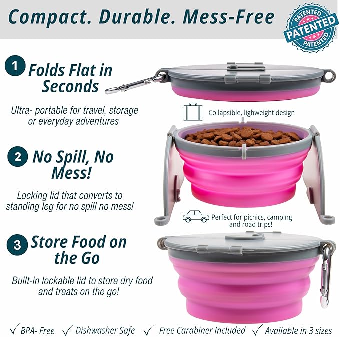 Loving Pets Bella Roma Collapsible Dog Bowls - Silicone Dog Bowls, Foldable Bowl, Puppy Essentials & Hiking Pet Supplies Great for Home & Travel (Pink, Medium)